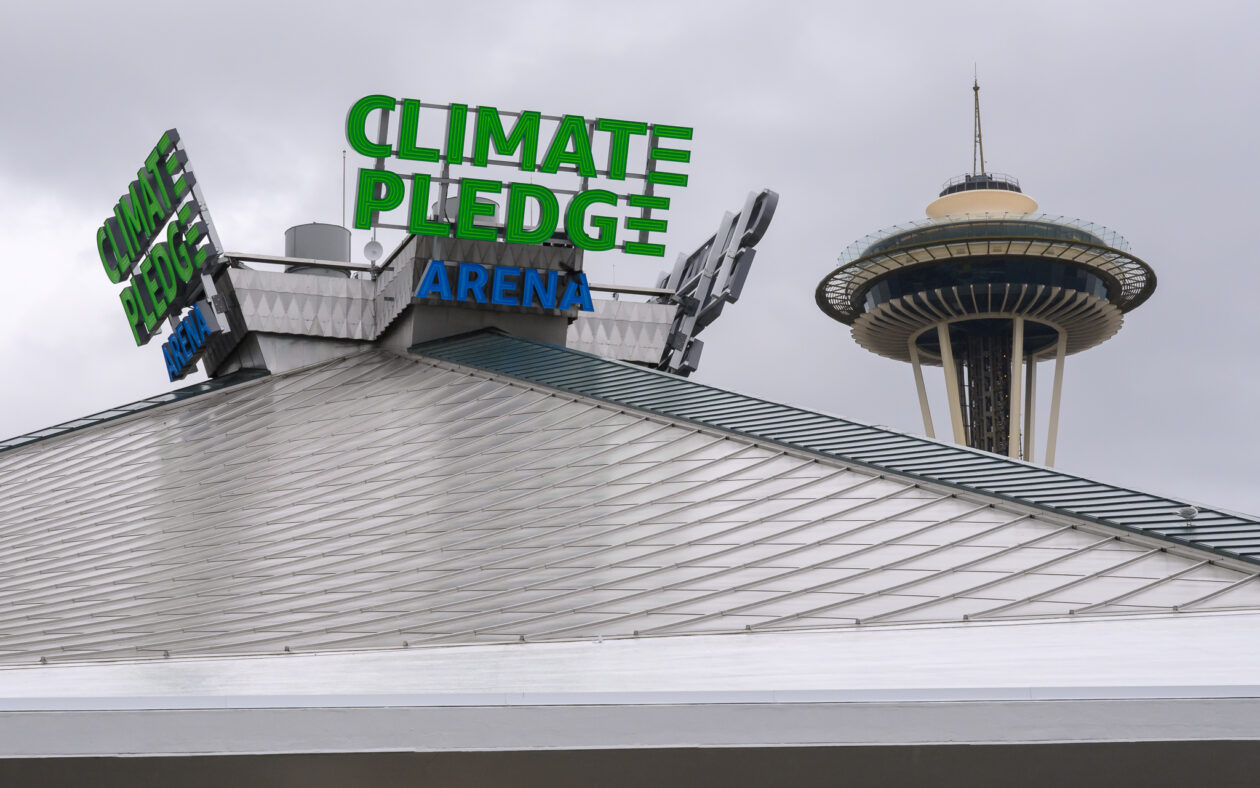 Roof and signage of the Climate Pledge Arena